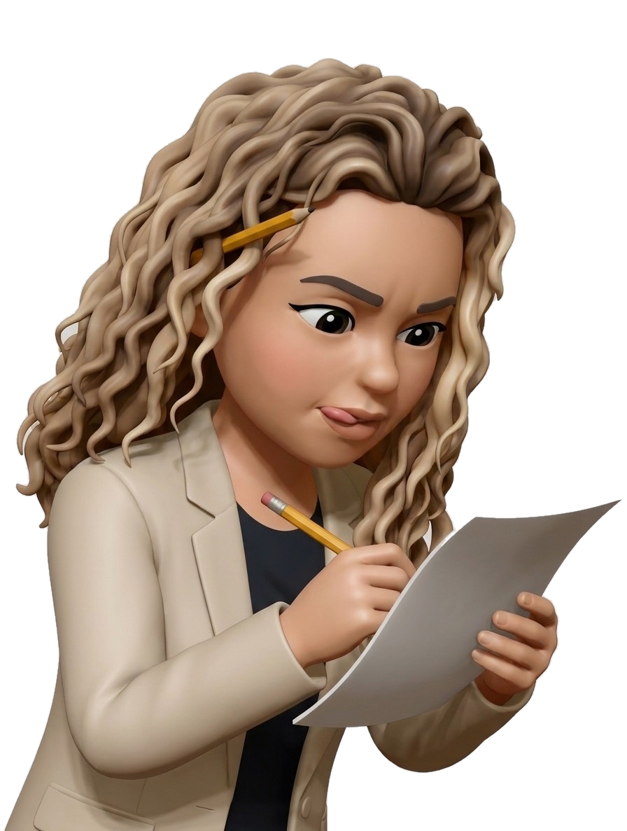 Daiane ilustrada revisando uma folha com um lápis